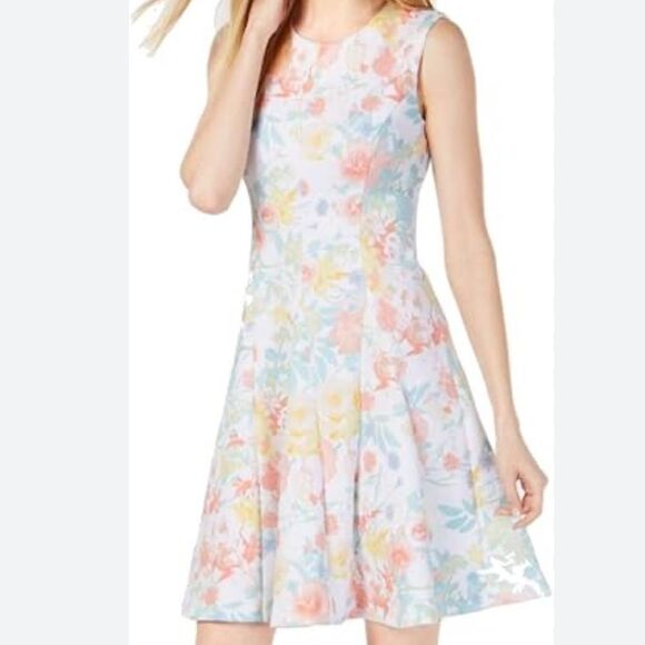 NWT Calvin Klein Pastel Floral Fit & Flare Scuba Sleeveless dress size 10P - Picture 2 of 12